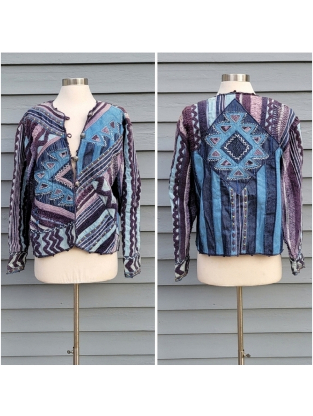 Vintage 90s y2k Denim Blue Purple Knit Crochet Studded Embroidered Jacket Md